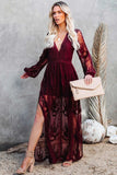 Tineit V Neck Lace Patchwork Split Maxi Dress