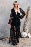 Tineit V Neck Lace Patchwork Split Maxi Dress