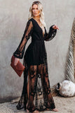 Tineit V Neck Lace Patchwork Split Maxi Dress