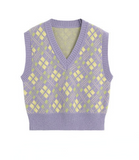 Tineit 2024 Fall Fashion V Neck Lavender Argyle Sweater Vest