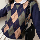 Tineit 2024 Fall Fashion Vintage Argyle Pullover Sweater