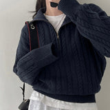 Tineit 2024 Fall Fashion Vintage Lapel Neck Cable Knit Sweater