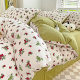 Tineit Cute Strawberry Duvet Cover Set Floral Style with Flat Sheet Pillowcase No filler Queen Double Girls Boys Home Decor Bed Linens