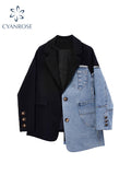 christmas outfit Tineit Women Vintage Fashion Blazer Denim Patchwork Jackets 2025 Autumn Winter Irregular Coat Women Long Sleeve Loose Korean Outerwear