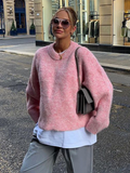 Tineit Knitted Oversize Sweater Women O-neck Long Sleeve Pink Long Sleeve Pullover Female Casual 2025 Autumn Street Chic Jumper Tops