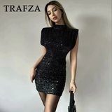 cold weather outfits Tineit 2024 Women Sequined Party Dress Shoulder Pad Sheath Mini Dress Sleeveless Nightclub Party Women Elegant Chic Dresses