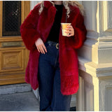 Tineit Street Women's Red Faux Fur Coats Loose Lapel Long Sleeves Female Fluffy Jacket 2024 Winter Lady Luxury Thicken Furry Overcoats