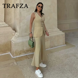 cold weather outfits Tineit 2024 Spring Summer Casual Women Solid Suits Fashion Vintage V Neck Single Breasted Vests+Chic Elastic Waist Long Skirts