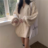 thanksgiving outfit Tineit Lantern Sleeve Knit Sweater Women Korean Solid Twist V-Neck Fall Winter Warm Pullover Fashion Loose Casual Pretty Style Jumpers