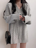 Tineit Solid Color V Neck Cable Knit Sweater