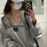 Tineit Sudaderas Spring Autumn Sweatshirt Halter Letter Print Loose 2 Piece Aesthetic Hoodies Women Retro Fashion Casual Y2k Streetwear