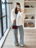 Tineit Street Women's White Faux Fur Coat Loose Lapel Long Sleeve Female Furry Jacket 2024 Autumn Winter Lady Luxury Plush Overcoat New