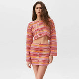 Tineit Sexy Colorful Striped Printed Crop Top Skirts Set Women O-neck Flare Sleeve Tops Slim Mini Skirt 2024 Summer Lady Streetwear New