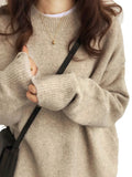 thanksgiving outfit Tineit Retro Loose Solid O-neck Sweaters Women Autumn Casual Soft Warm Pullover Sweaters Female Chic Daily All-matching Knitwear