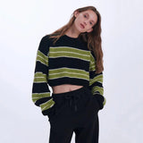 thanksgiving outfit Tineit Y2K Green Striped Crop Knit Sweater Women Korean Vintage Streetwear Long Sleeve Pullover Female Loose All-Match Short Jumper