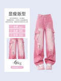 christmas outfit Tineit Women's Pink Cargo Jeans Vintage 90s Aesthetic Y2k Oversize Denim Trousers Harajuku High Waist Cowboy Pants 2000s Trashy Clothes