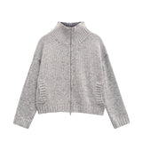 Tineit Knitted Zipper Cardigans Women Pocket High Collar Loose Long Sleeve Casual Chic Sweater Female 2025 Winter All-match Coat Tops