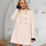 Tineit Elegant Women's Woolen Pea Coats Loose Stand Collar Double Breasted Full Sleeve Female Jacket 2024 Autumn Winter Lady Overcoat