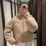 Tineit Knitted Cotton Thicken Short Coat Women Zipper Turn-down Collar Loose Long Sleeve Pocket Jacket 2025 Winter Street Outwear Top