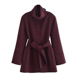 Tineit Woolen Wine Red Vintage Coat Women Elegant Belts Single Breasted High Collar Loose Long Sleeve Outwear 2025 Winter Solid Jacket