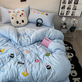 Tineit Korean Style Fresh Bedding Set Water Washed Cotton Cute Towel Embroidered Duvet Covers, Bed Sheets, Dormitory