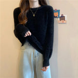 thanksgiving outfit Tineit Autumn Winter Knitted Sweater Women Fashion Korean Hairy Loose Long Sleeve All Match Pullover Sweaters Solid O Neck Warm Jumper