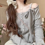 Tineit 2025 New  Fashion Sweet Off Shoulder Bow Lace Up Sweaters Slim Fit Tops Women Y2k Grunge Long Sleeve Cardigan Mujer