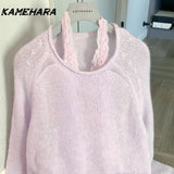 Tineit Japanese 2025 Spring 2-piece Harajuku Style Design Pullover Sweet Hanging Neck Lace Base Knit Sweaters Female Clothing