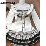 Tineit Cute Soft Girl Style Gray White Checkered Lace Patchwork Short Skirt Bow Waist Cinching Patchwork Top Autumn Y2k Sets