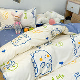 Tineit Cute Bear Bedding Set Girls Boys Kids Single Double Size Flat Sheet Duvet Cover Pillowcase Bed Linens White Blue Home Textile