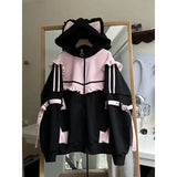 Tineit Japanese Sweet Coats Y2K Clothing Hoodie Women Tops Autumn and Winter Color Match Splicing with Thick Velvet Cardigan Jackets