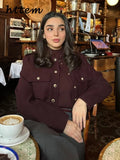 Tineit Elegant Women's Burgundy Jacket Vintage Stand Collar Single Breasted Full Sleeve Pocket Coat 2024 Autumn Lady Office Outwear New