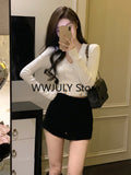 Tineit 2025 Autumn Black Casual Knitted Sweater Woman Outwear Basic Korean Fashion Blouse Office Lady Bodycon Slim Y2k Crop Tops Chic