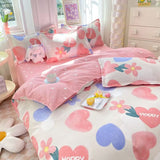 Tineit Korean Pink Rose Duvet Cover Set Soft Green Flat Sheet Quilt Cover Pillowcase Bed Linen Twin Queen Full Size Floral Bedding Set