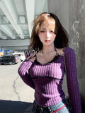 Tineit Woman Fake Two Lace Long Sleeved T-shirts Casual Sweet Slim Knitted Sweater Harajuku Korean Fashion Tees Y2k E-girls Tops