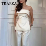 cold weather outfits Tineit 2024 Spring Summer Women Elegant Solid Suit Fashion Casual Strapless Sleeveless Slim Short Tops+High Waist Zipper Pants