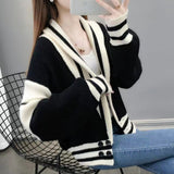 thanksgiving outfit Tineit Patchwork Sweater Women Knitted Loose Elegant Black White Fashion Cardigan Lazy Strip V-Neck Long Sleevekorean Female Jumpers