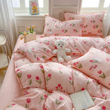 Tineit Pink Tulip Double Layer Yarn Quilt Cover Bed Sheet Pillowcase Twin Queen Size Bedding Set Girls Women Duvet Cover Set No Filler