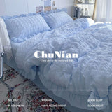 Tineit INS Girl Blue Bedding Sets Solid Color Seersucker Ruffles Lace  Kawaii Soft Sheet Woman Duvet Cover Pillow Covers Quilt Cover