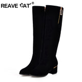 cold weather outfits Tineit Spring Autumn Knee High Boots Suede Round toe Rhinstone Female 2024 Chunky Heels Small Big 32-52 S2409