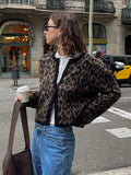 Tineit Mohair Leopard Print Cardigan Women Knit Fashion Single Breasted V-neck Loose Chic Sweaters 2025 Autumn Casual Coat Street Tops