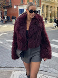 Tineit Women's Fashion Burgundy Fluffy Furry Warm Cropped Coat Elegant Faux Fur Lapel Thicken Warm Jacket 2024 New Lady Chic Streetwear