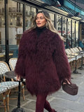 Tineit Women's Fashion Wine Red Furry Faux Fur Warm Coat 2024 New Thicken Fluffy Plush Loose Trendy Jacket Winter Chic Lady Outerwear