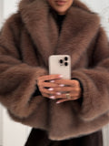 Tineit Chic Brown Big Lapel Collar Fluffy Faux Fur Loose Coat Women Luxury Long Sleeve Warm Furry Jackets Ladies Winter Street Outwear