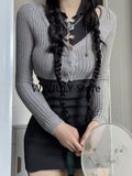 Tineit 2025 Autumn Sexy Bodycon Slim Dress Party Knitted Y2k Mini Dress Grey Casual Sweater Crop Tops Korean Fashion 2 Piece Dress Set