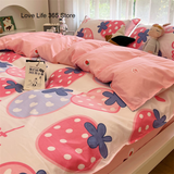 Tineit Pink Strawberry Quilt Cover Sweet Bedding Set Polyester Falt Sheet With Pillowcase Full Queen Size For Girls