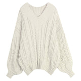 Tineit 2024 Fall Fashion V Neck Pullover Cable Knit Sweater