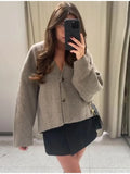 Tineit 2024 New Fashion Solid Woolen Jackets For Women Autumn Vintage V-neck Single Breasted Loose Coats Chic Female Casual Outerwear