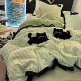 Tineit Pink Striped Cat Embroidery Bedding Set Korean Style Washing Cotton Cute Cardboard Duvet Cover Bed Sheet Pillowcases 3/4pcs