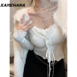 Tineit Cropped Cardigan Clothes Sweet Ruffles White Sueter V-neck Long Sleeve Tunic Pull Femme Drawstring Knit Sweater Tops